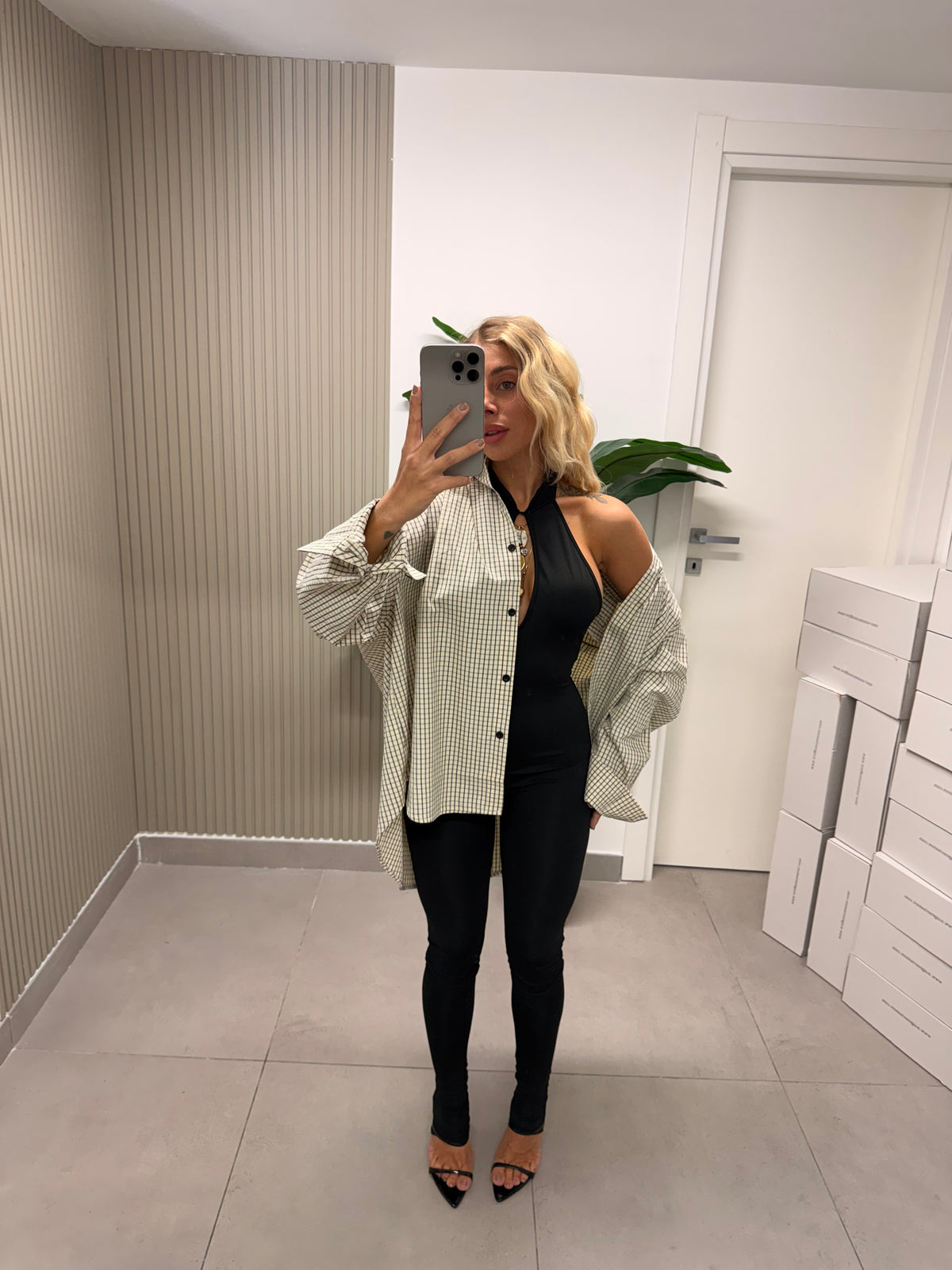 CAMICIA QUADRETTI BEIGE/NERA
