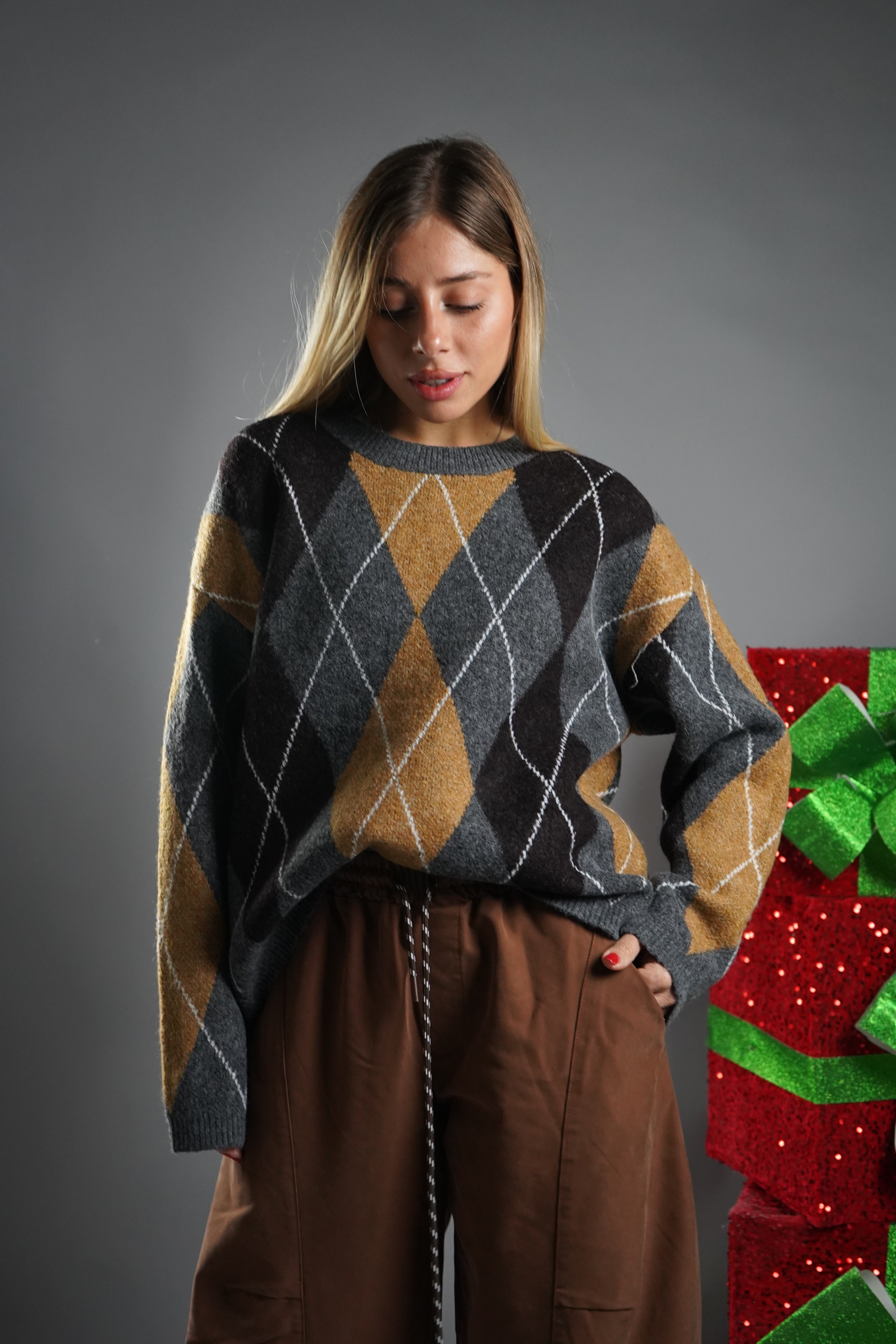 PULL SCACCHI GRIGIO E SENAPE