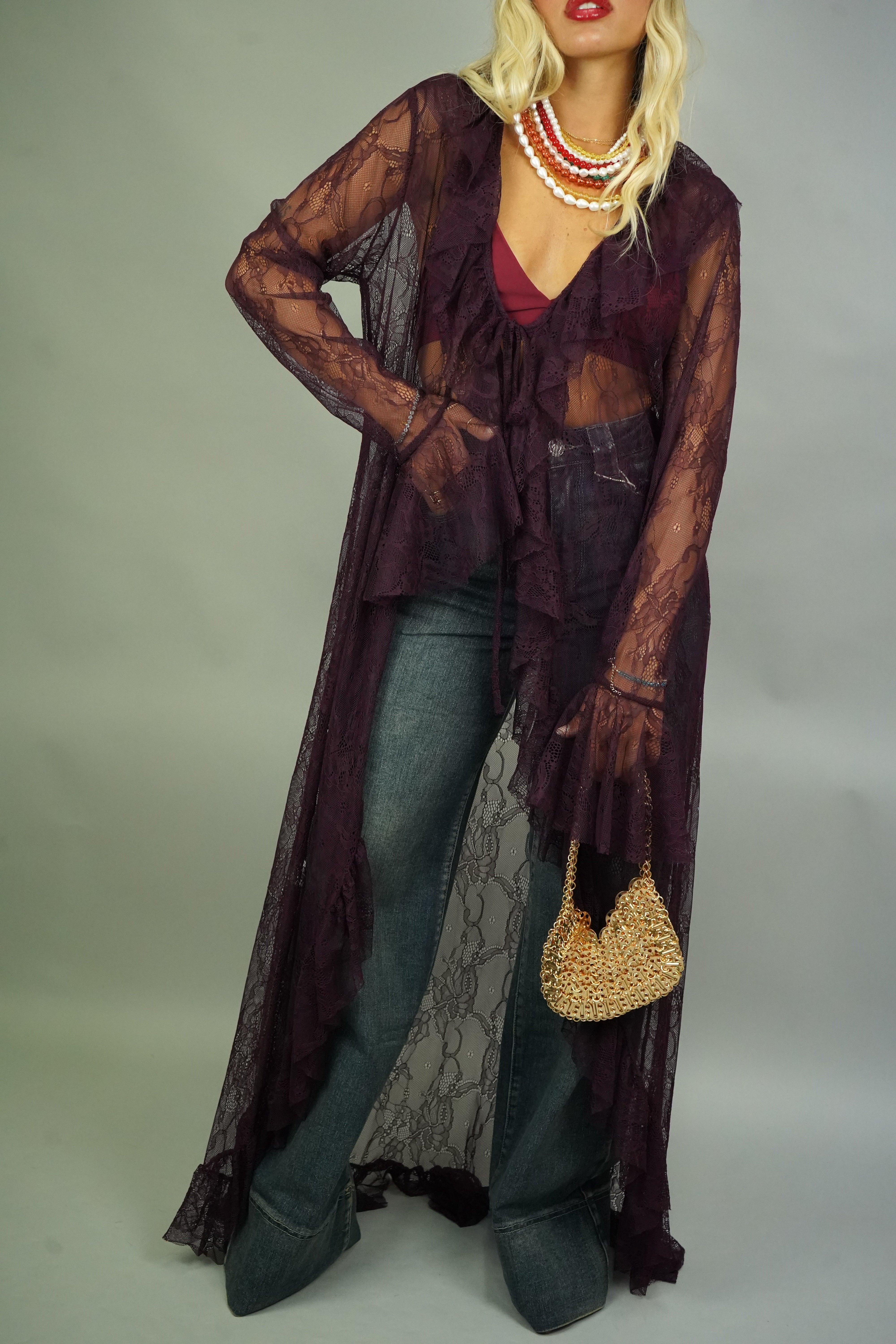 KIMONO IN PIZZO BORDEAUX