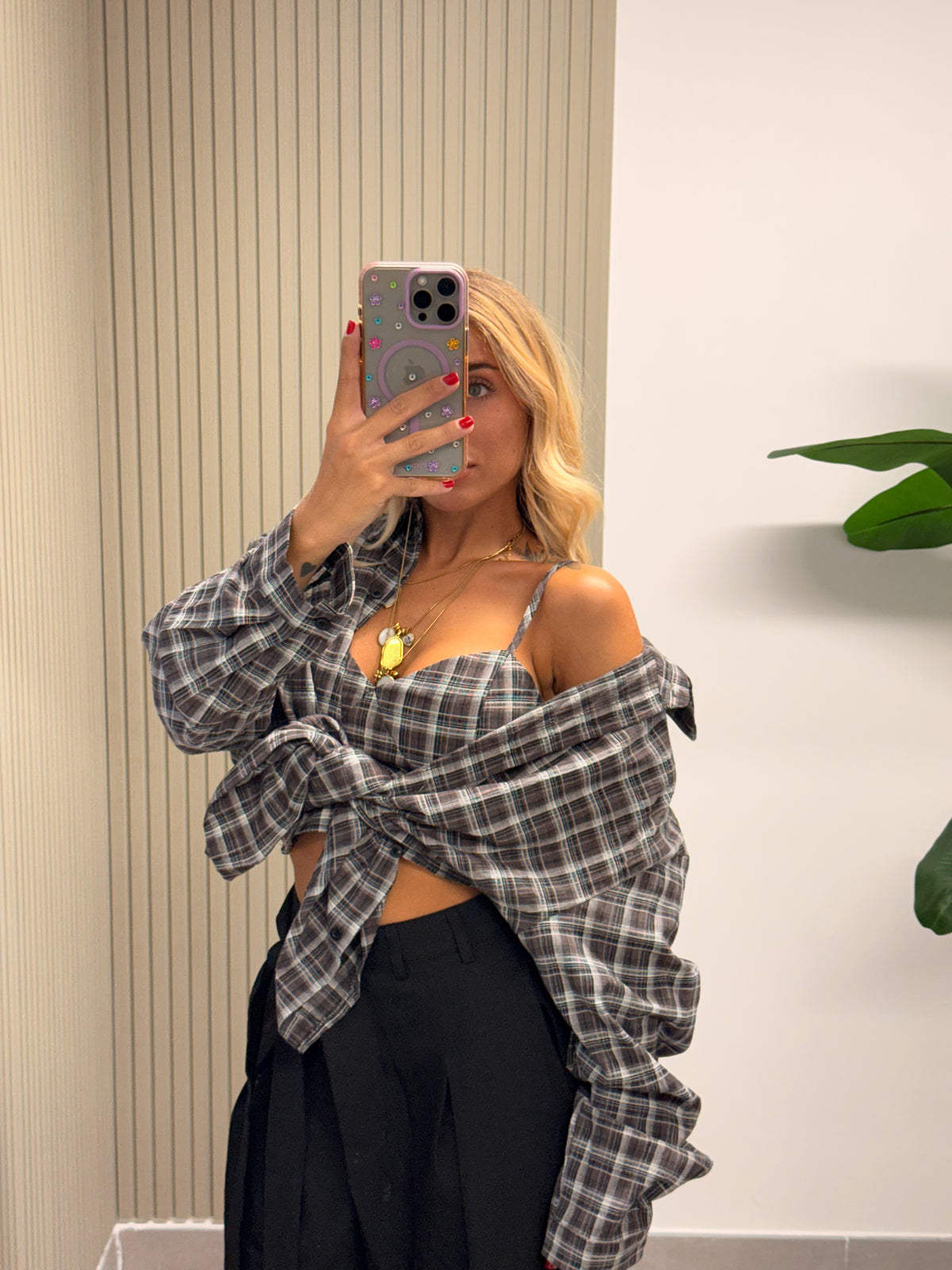 SET CAMICIA E TOP QUADRI MARRONE