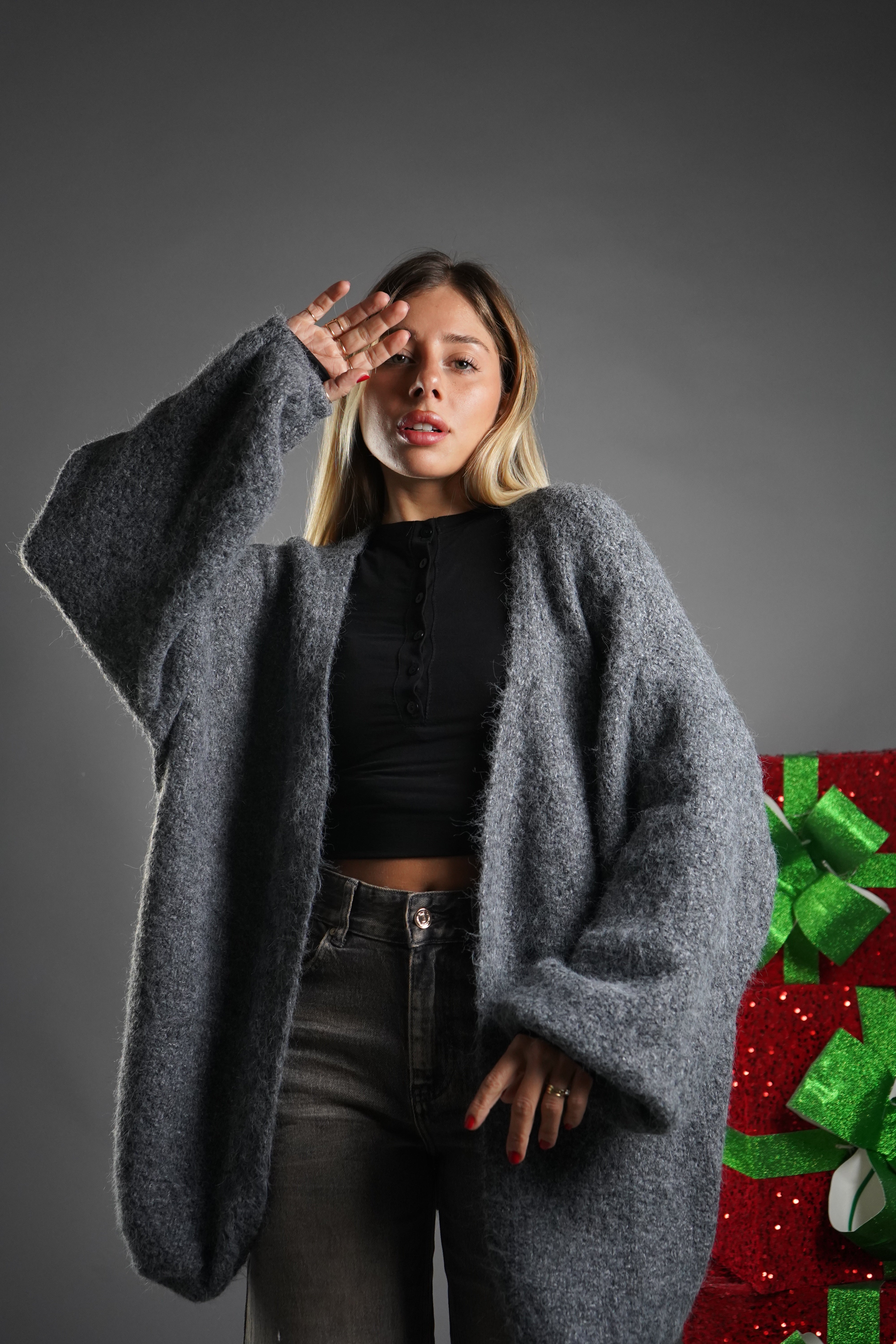 CARDIGAN MANICA A SBUFFO GRIGIO