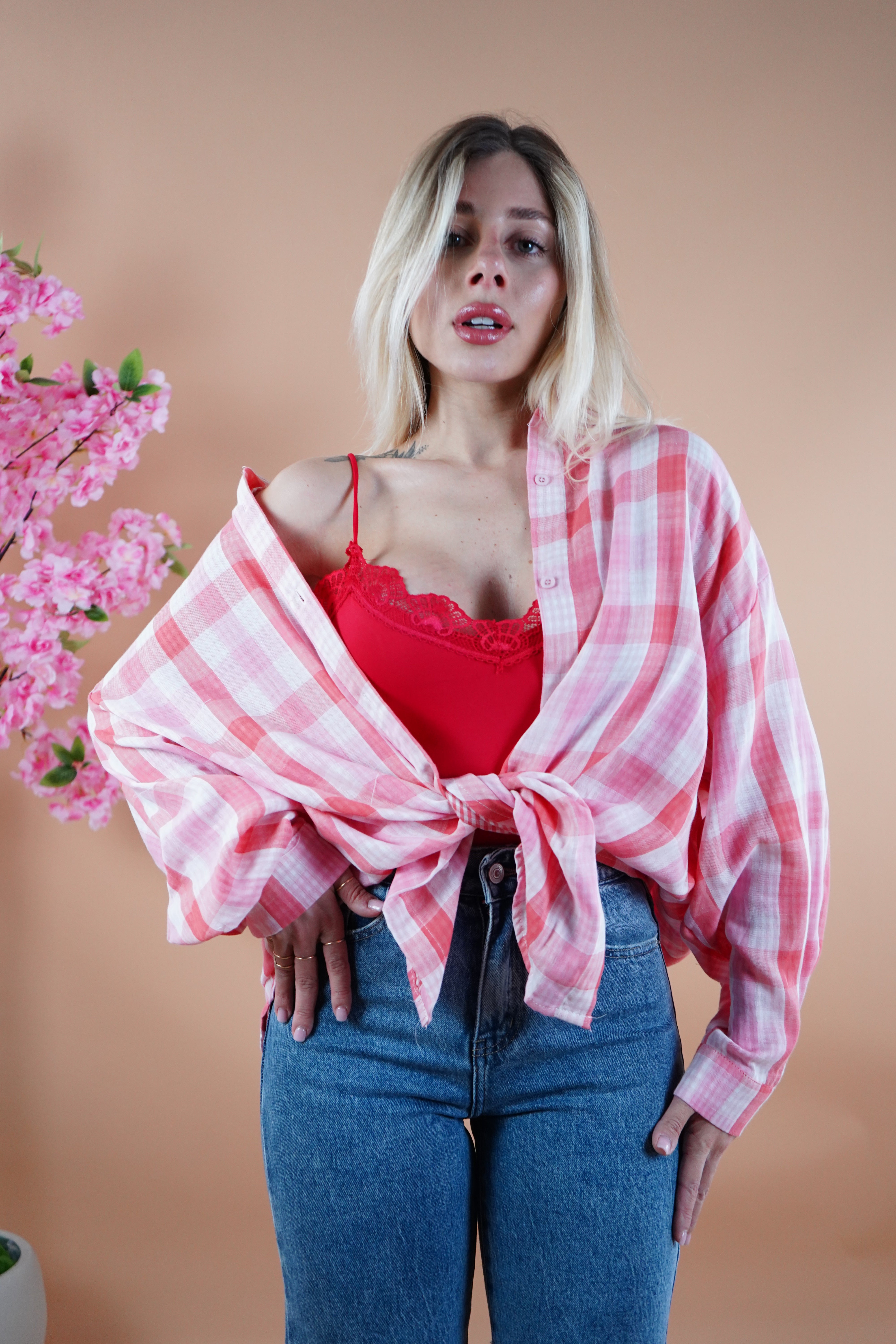 CAMICIA QUADRI ROSSA E ROSA