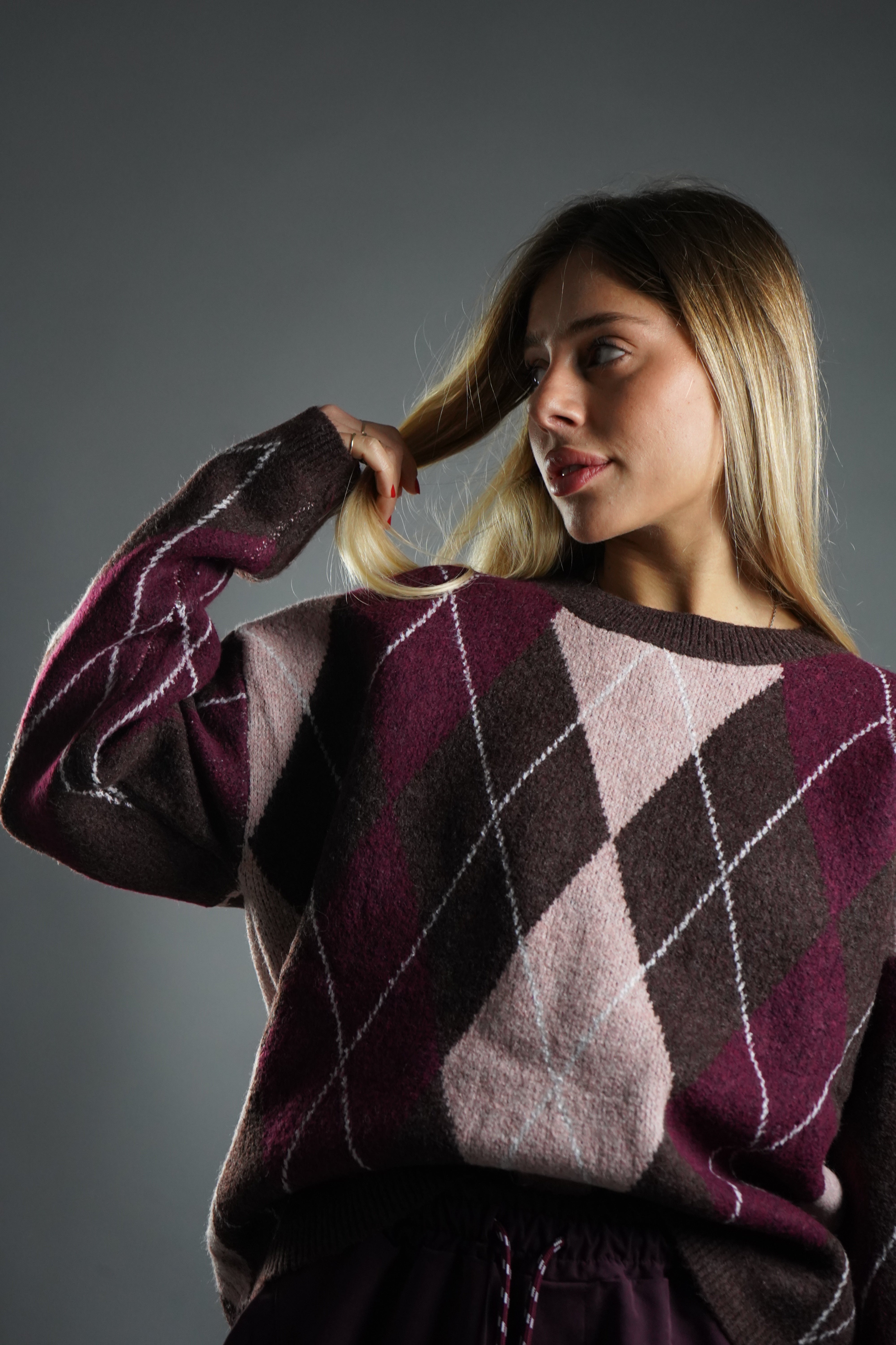 PULL SCACCHI MARRONE E ROSA