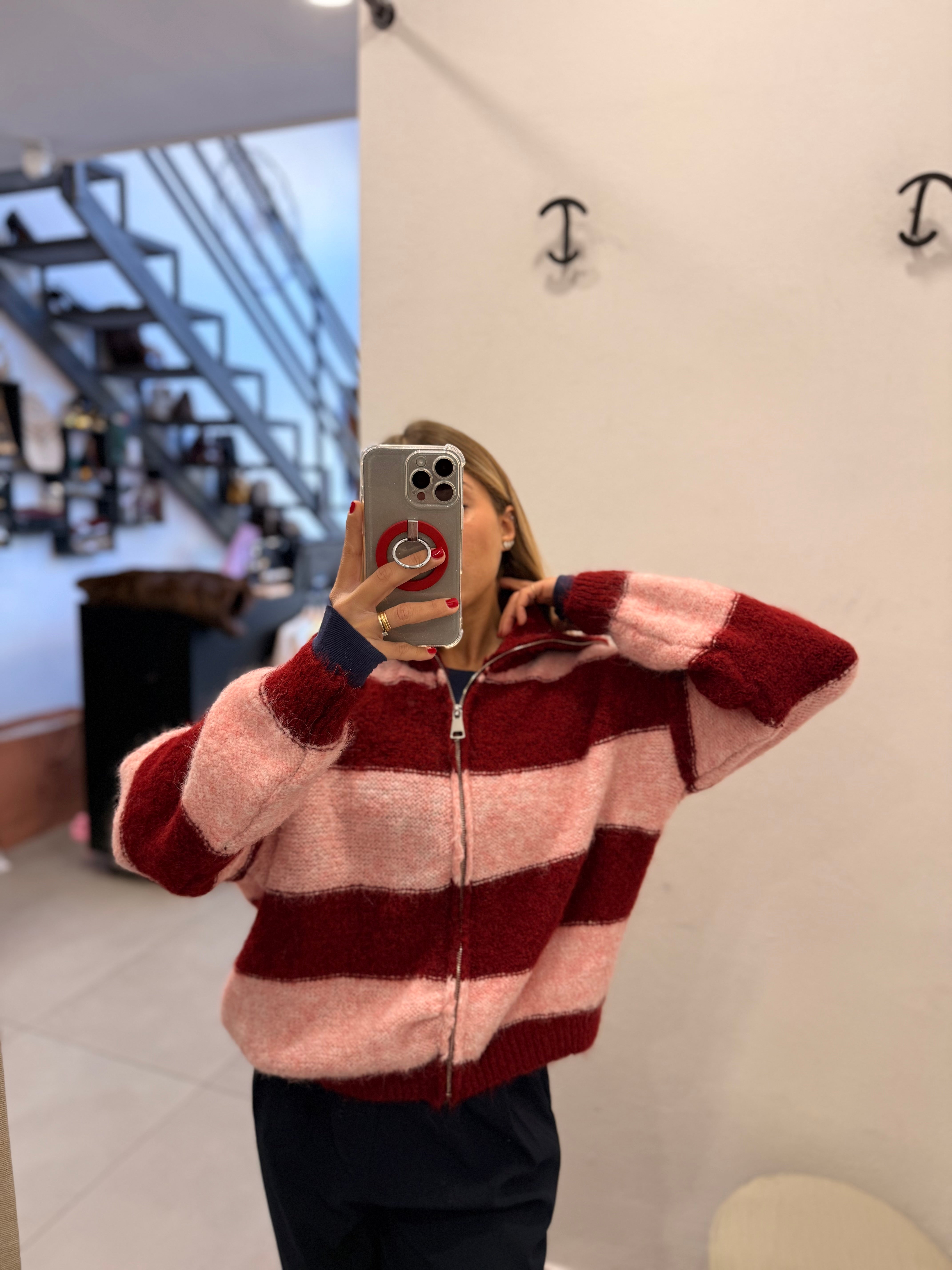 CARDIGAN RIGHE ROSA E BORDEAUX