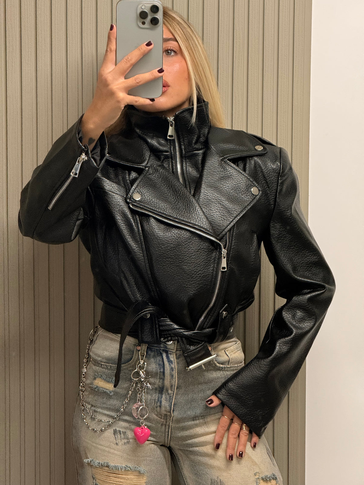 CHIODO ECOPELLE DOPPIA ZIP NERO