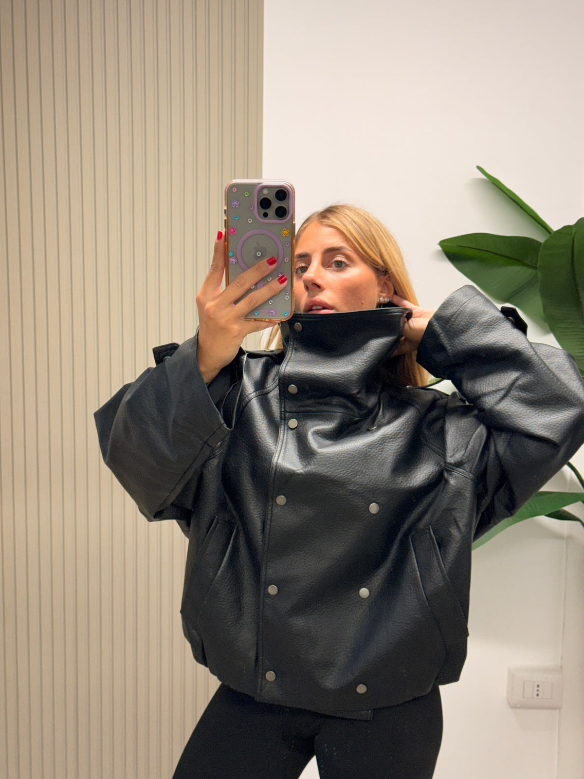 BOMBER COLLO ALTO ECOPELLE NERO