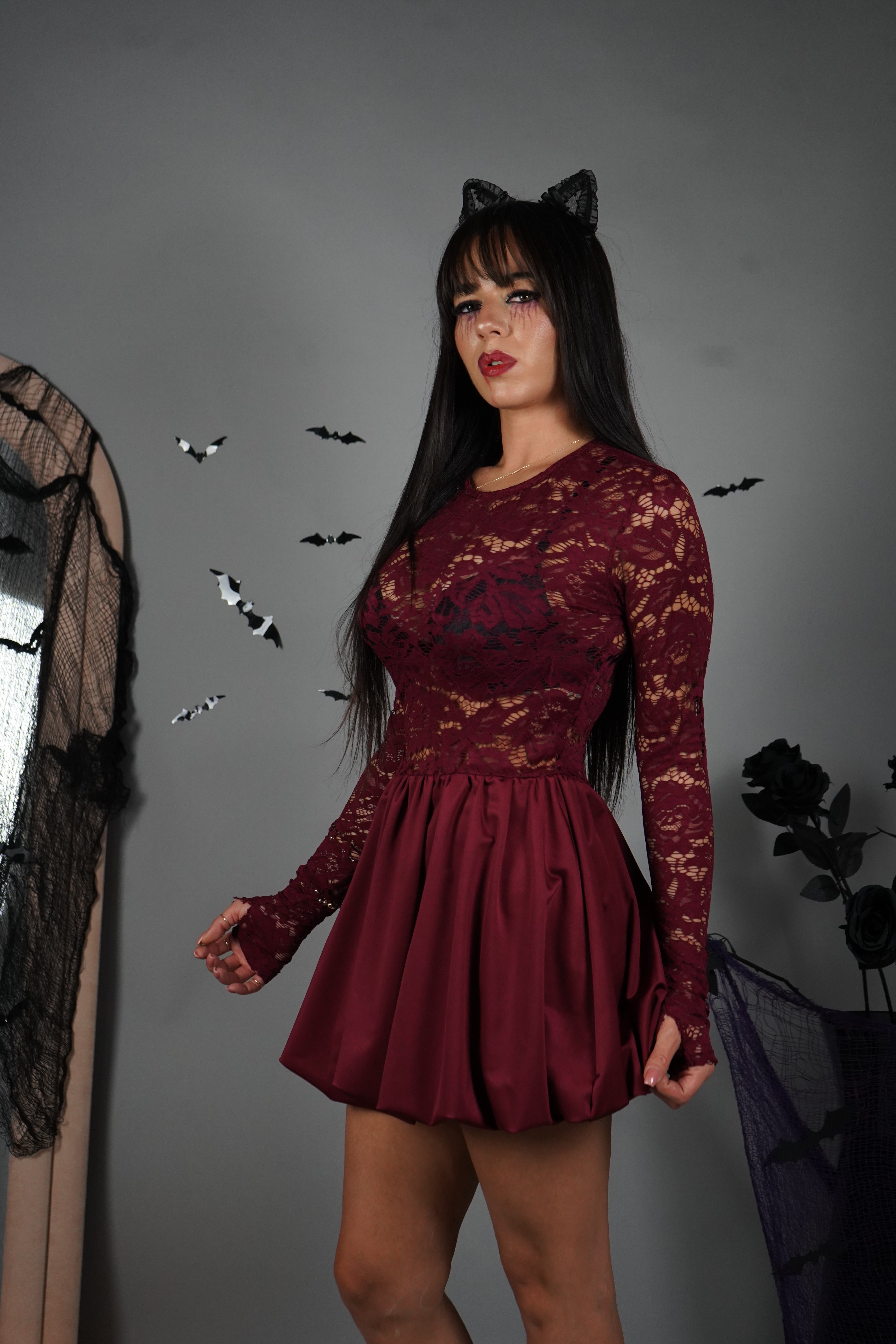 MINI DRESS BALLON PIZZO BORDEAUX