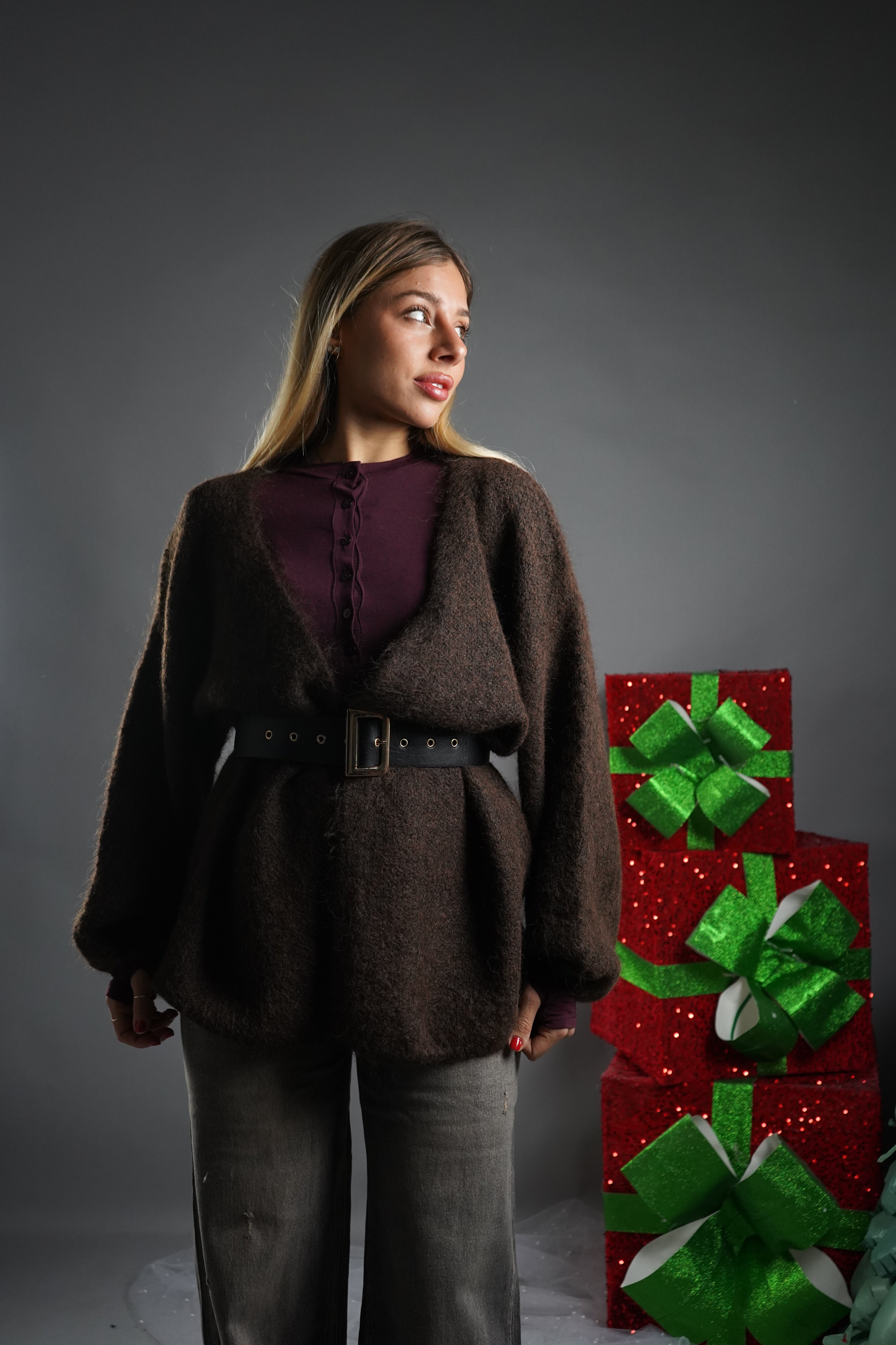 CARDIGAN MANICA A SBUFFO MARRONE