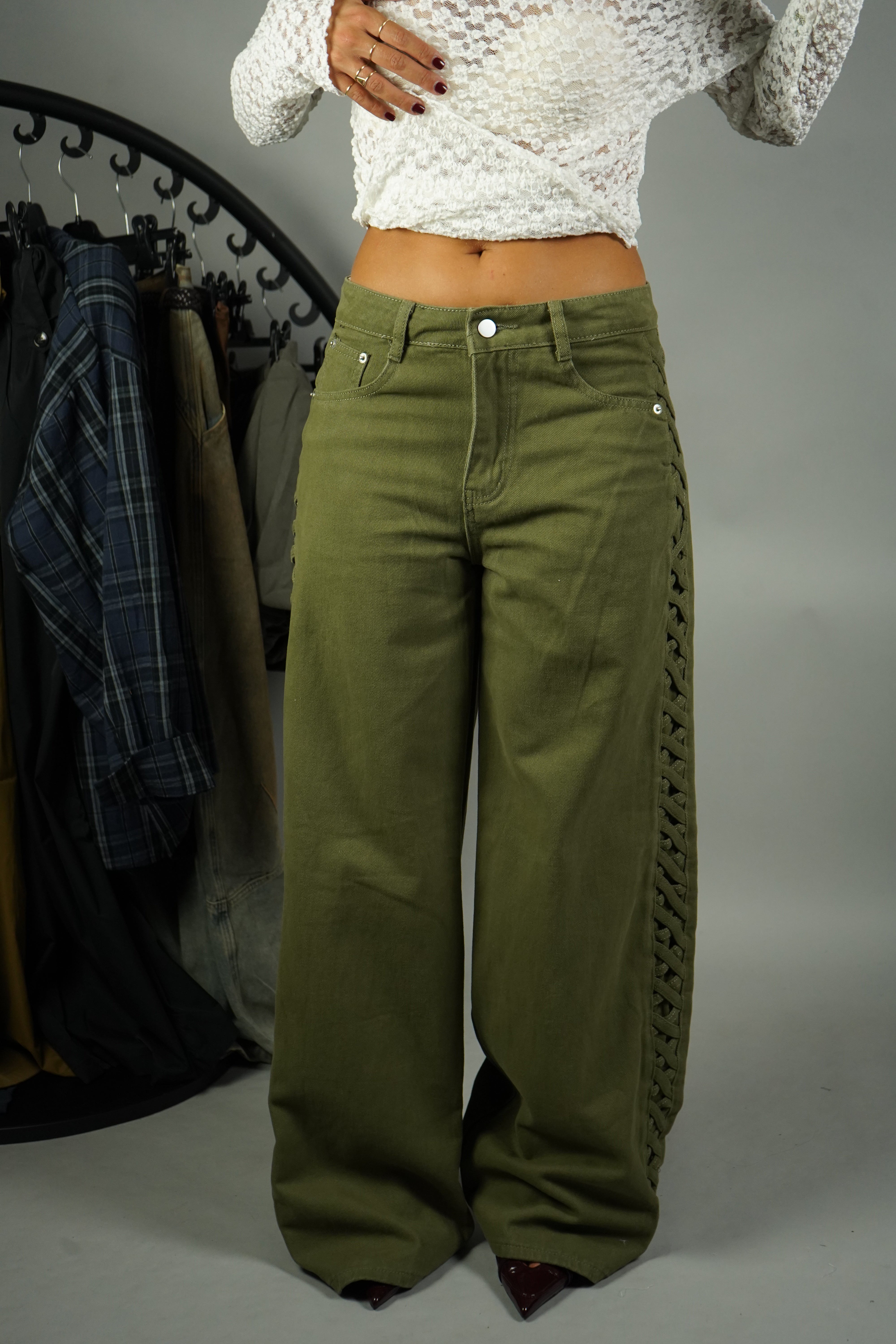JEANS PALAZZO TRECCE VERDE
