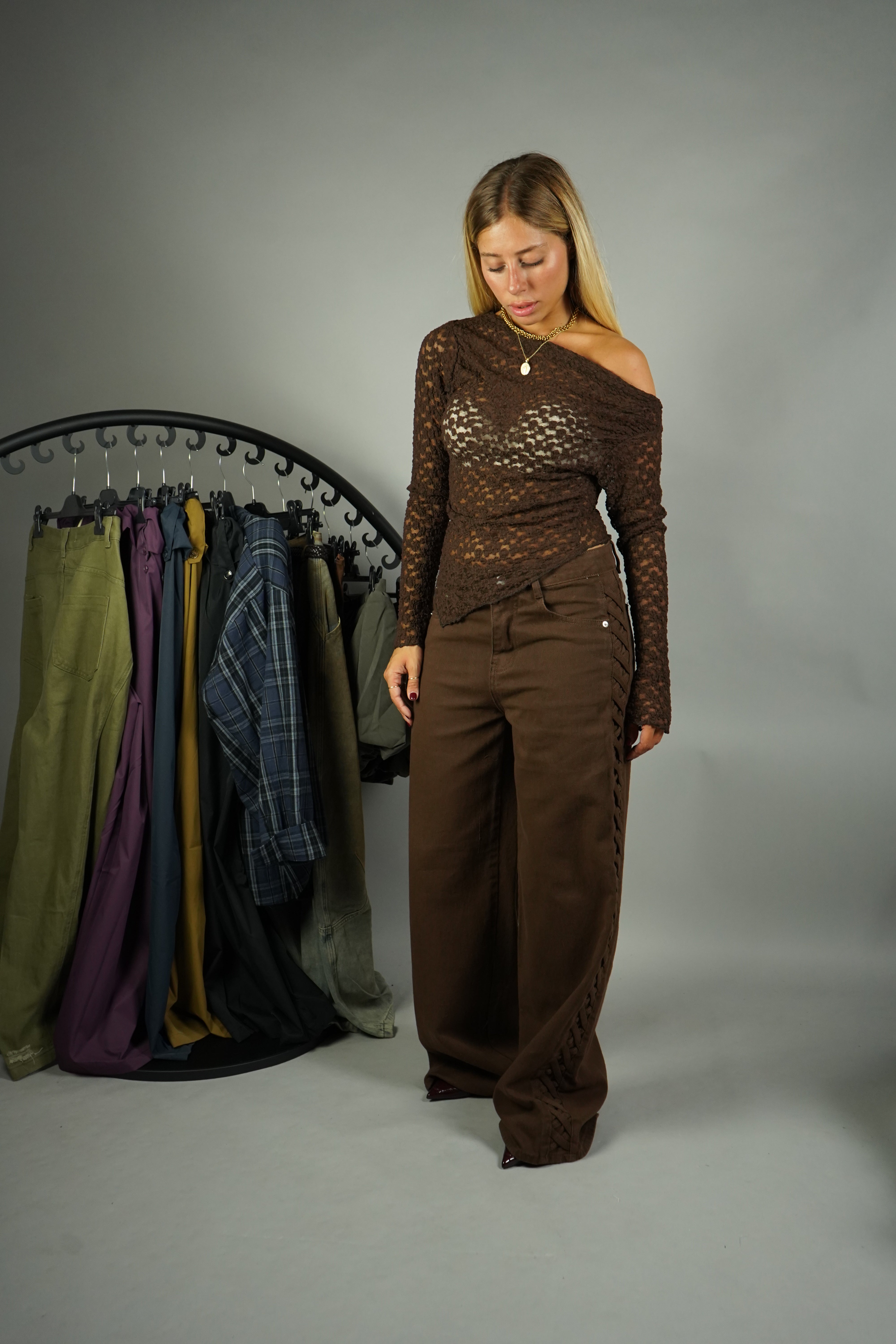 JEANS PALAZZO TRECCE MARRONE