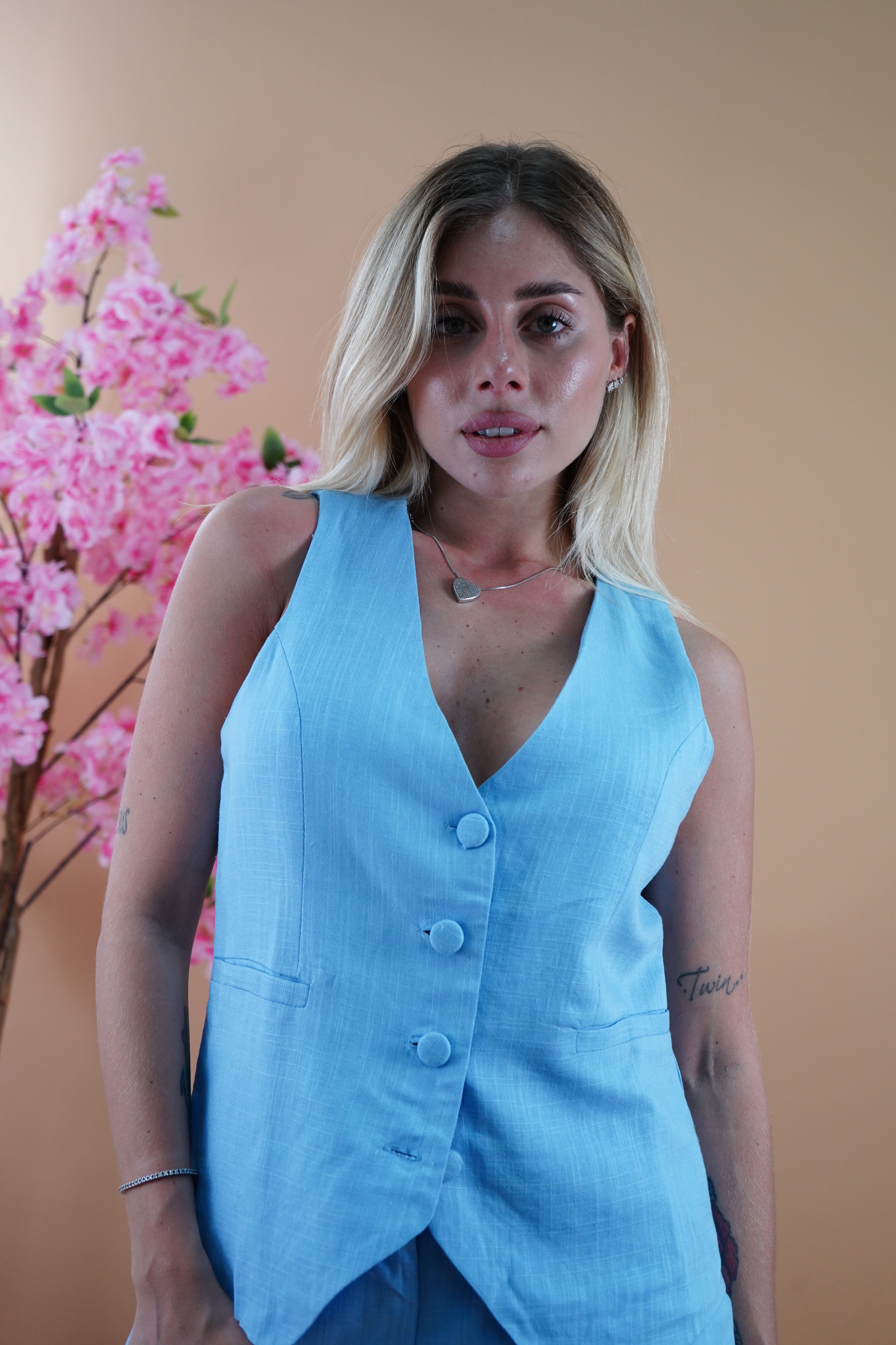COORDINATO LORENZA IN LINO AZZURRO