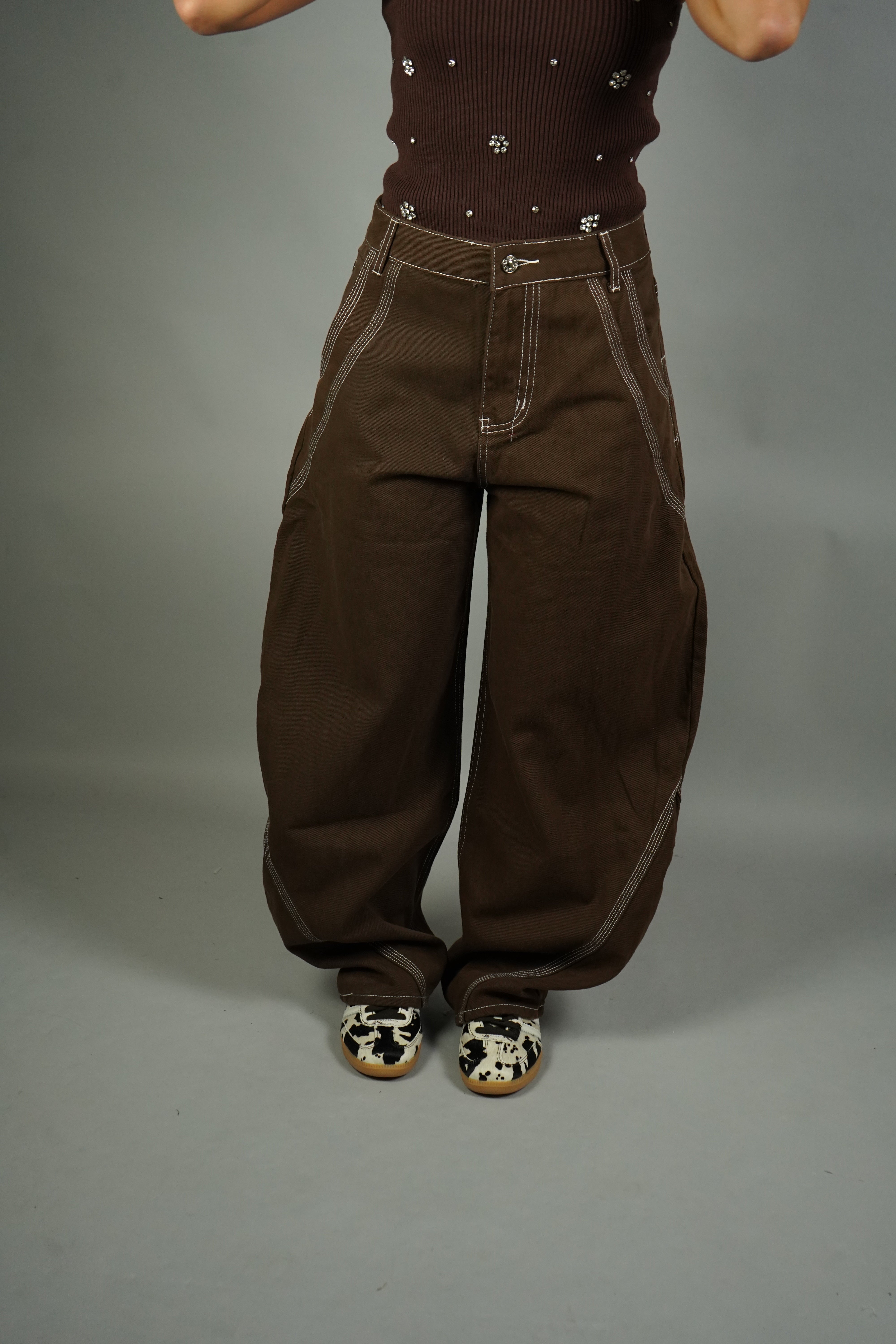 JEANS BALLON CUCITURE MARRONE