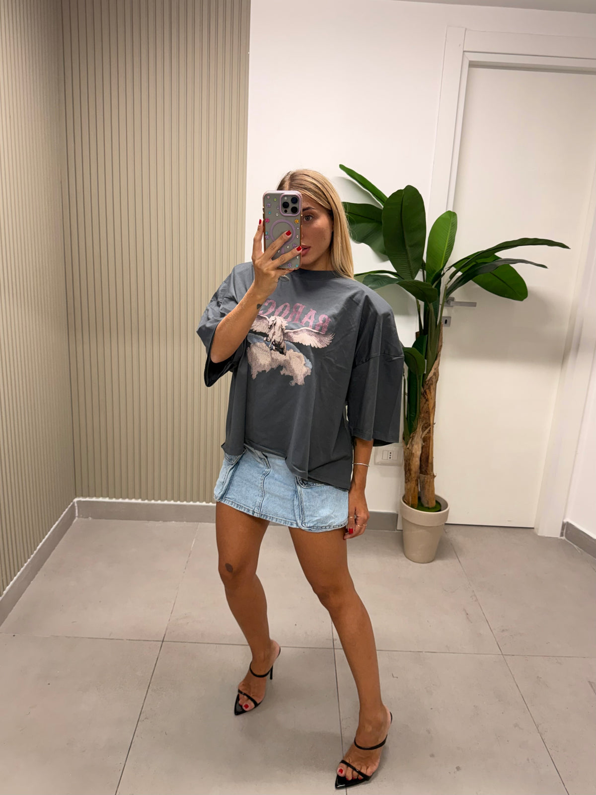 T-SHIRT BOXY UNICORNO PIOMBO