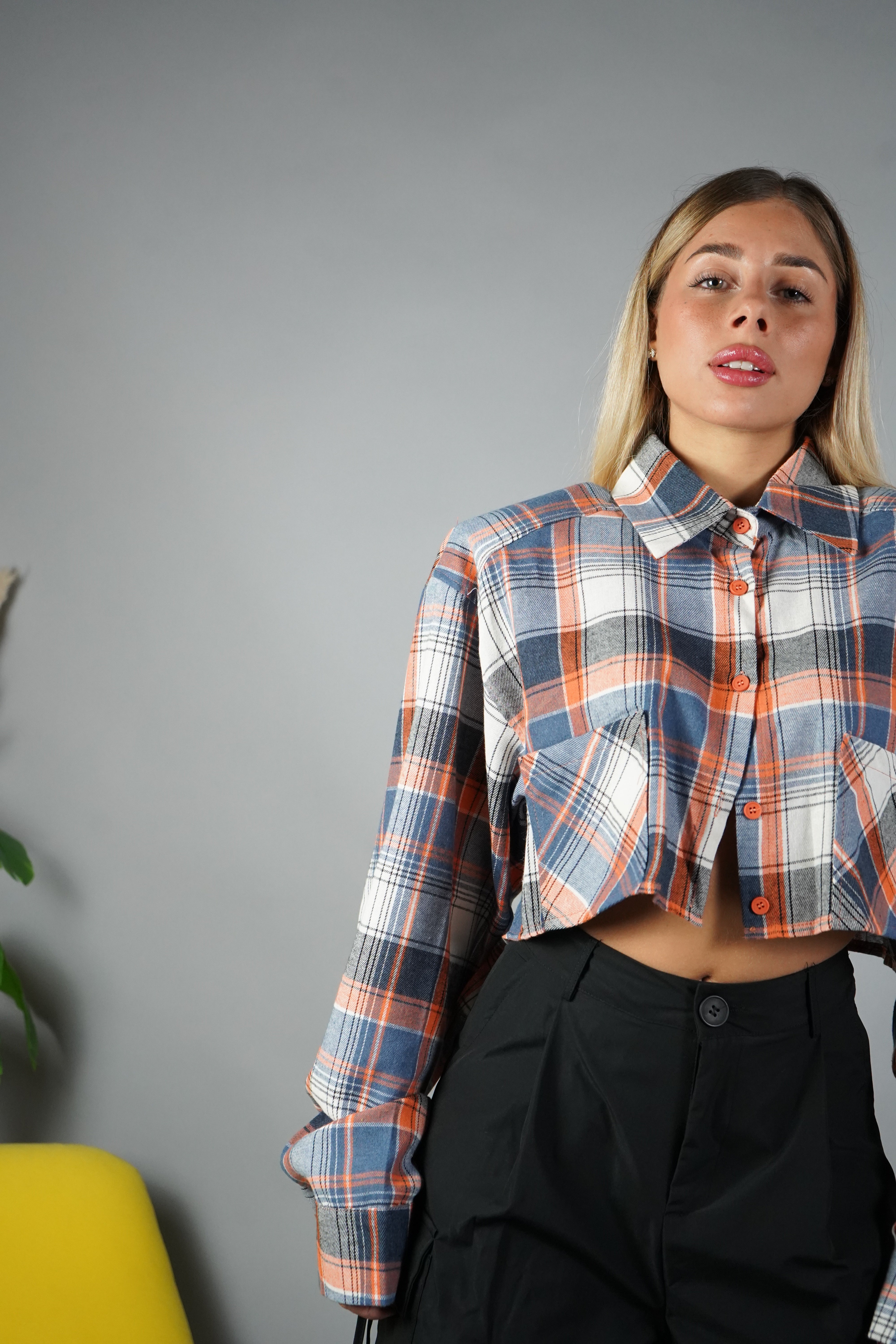 CAMICIA CROP FLANELLA QUADRI ARANCIONE