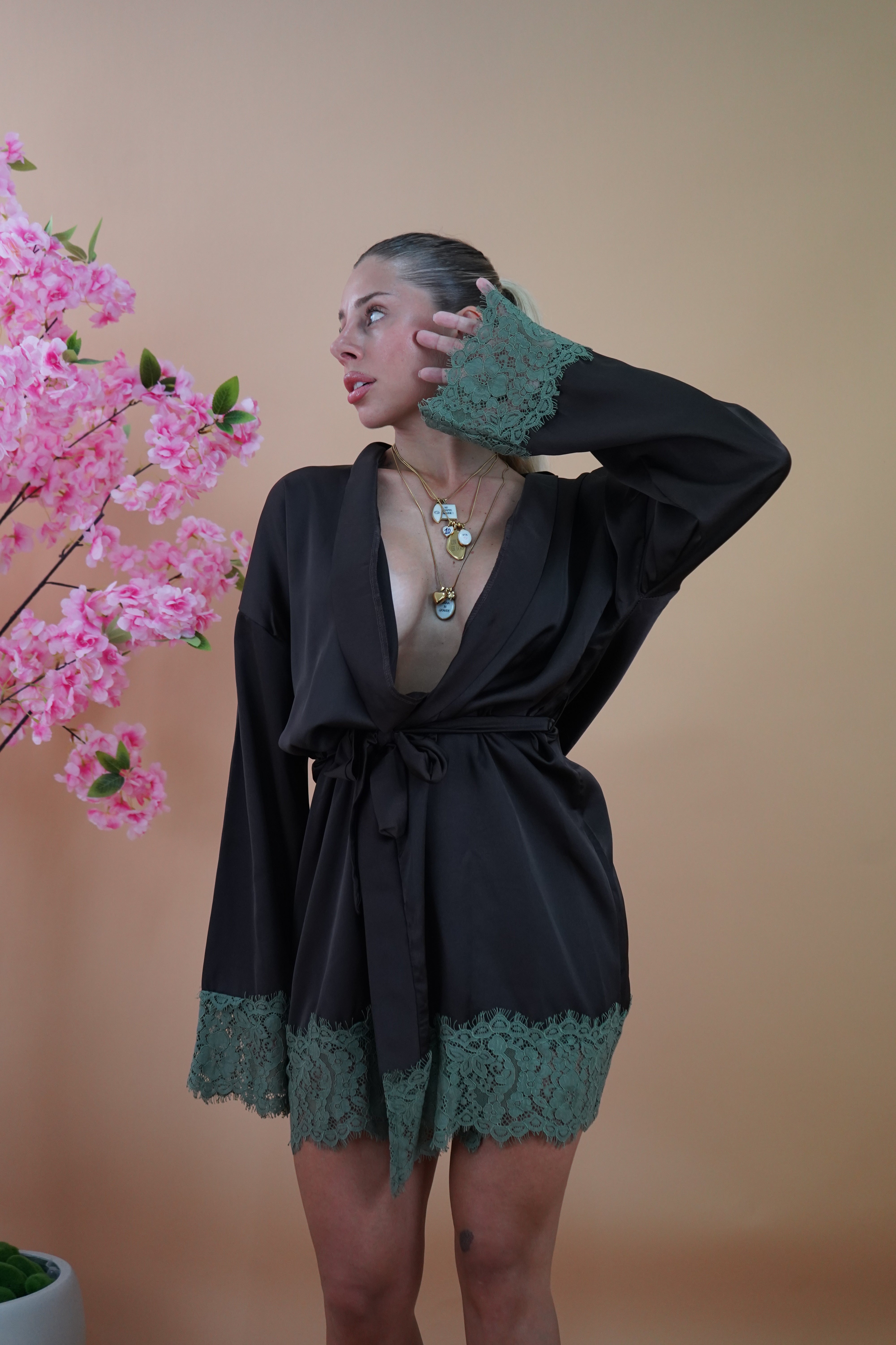 DRESS KIMONO SATIN MARRONE