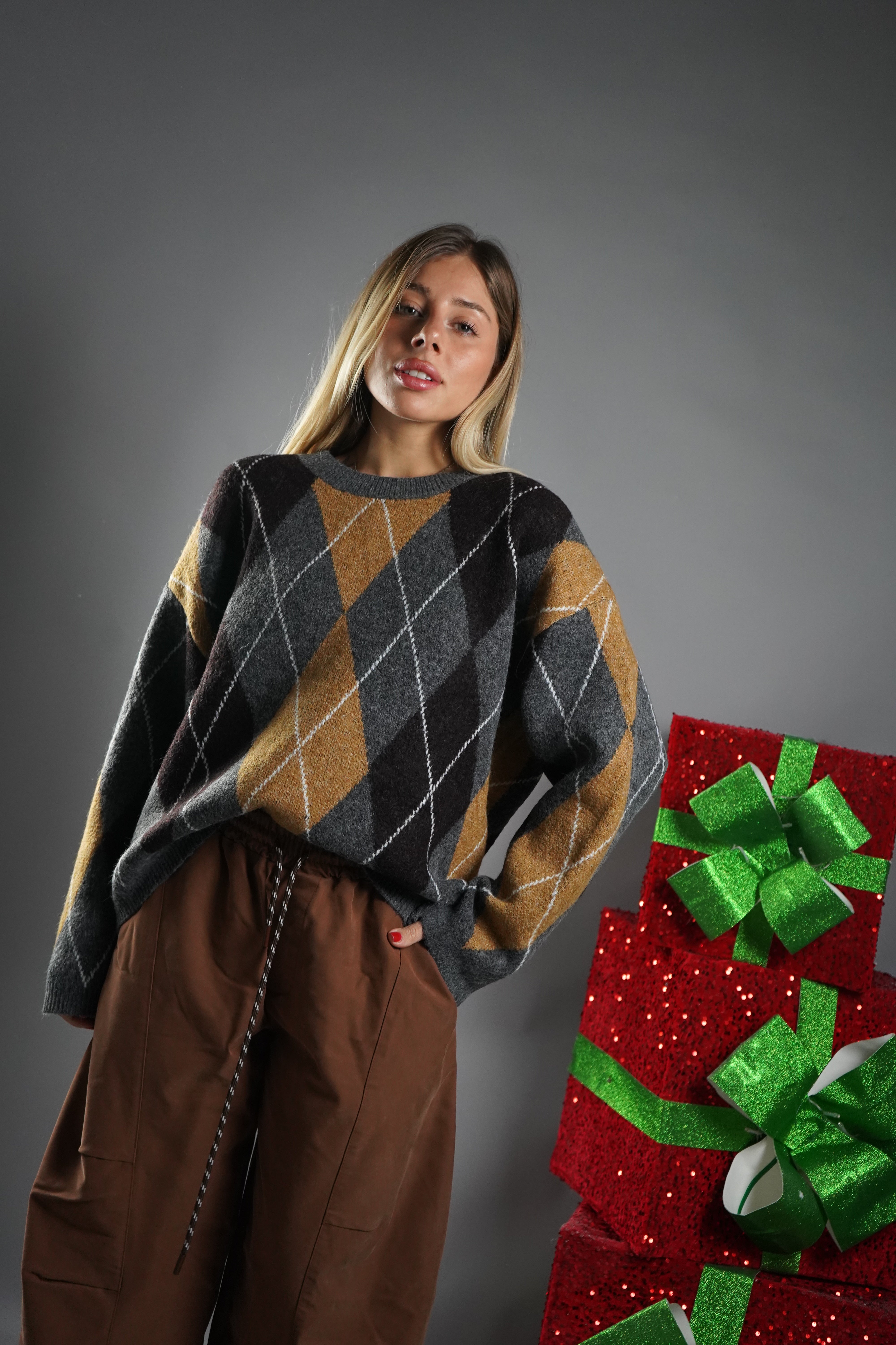 PULL SCACCHI GRIGIO E SENAPE