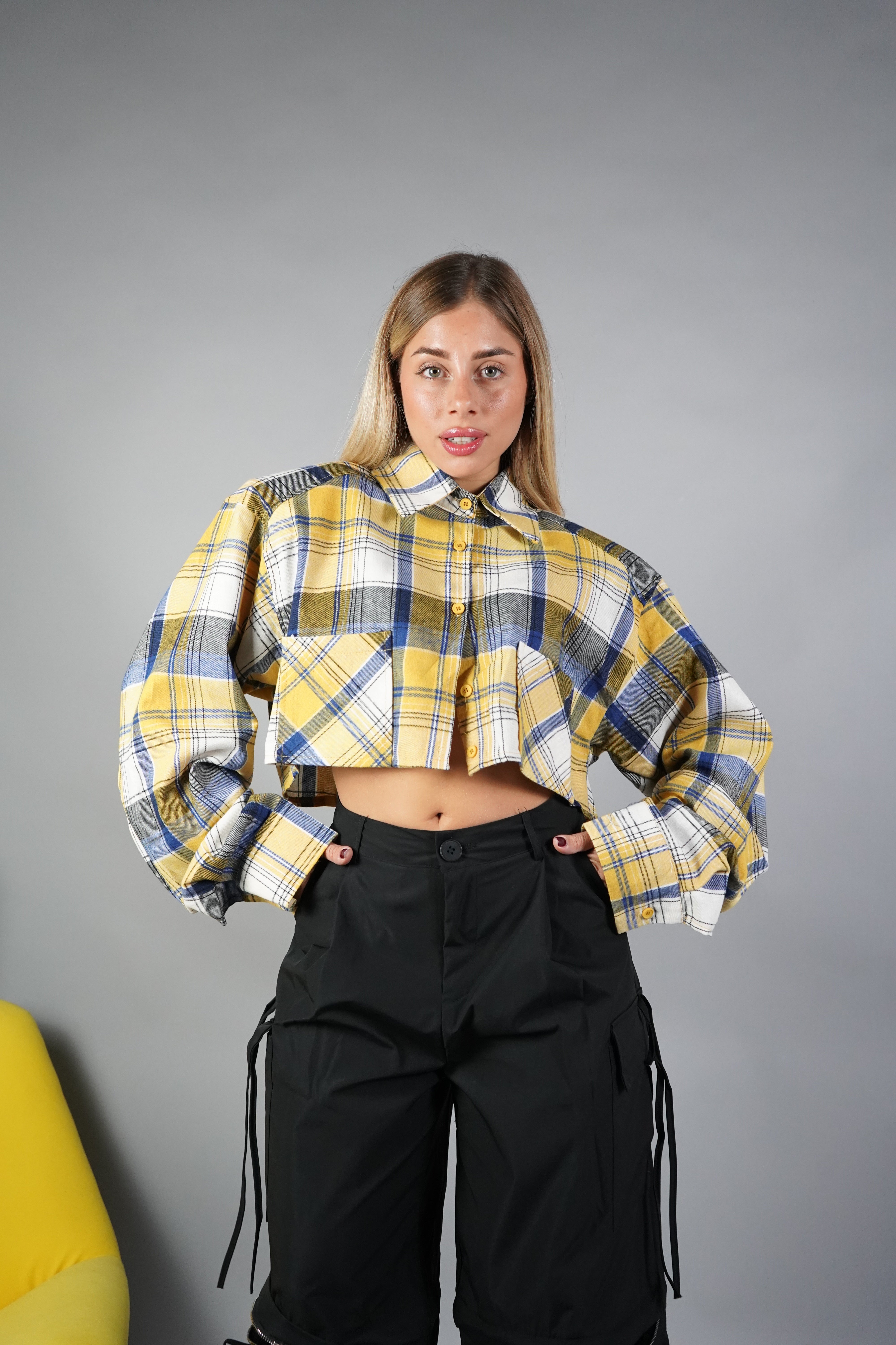 CAMICIA CROP FLANELLA QUADRI GIALLA