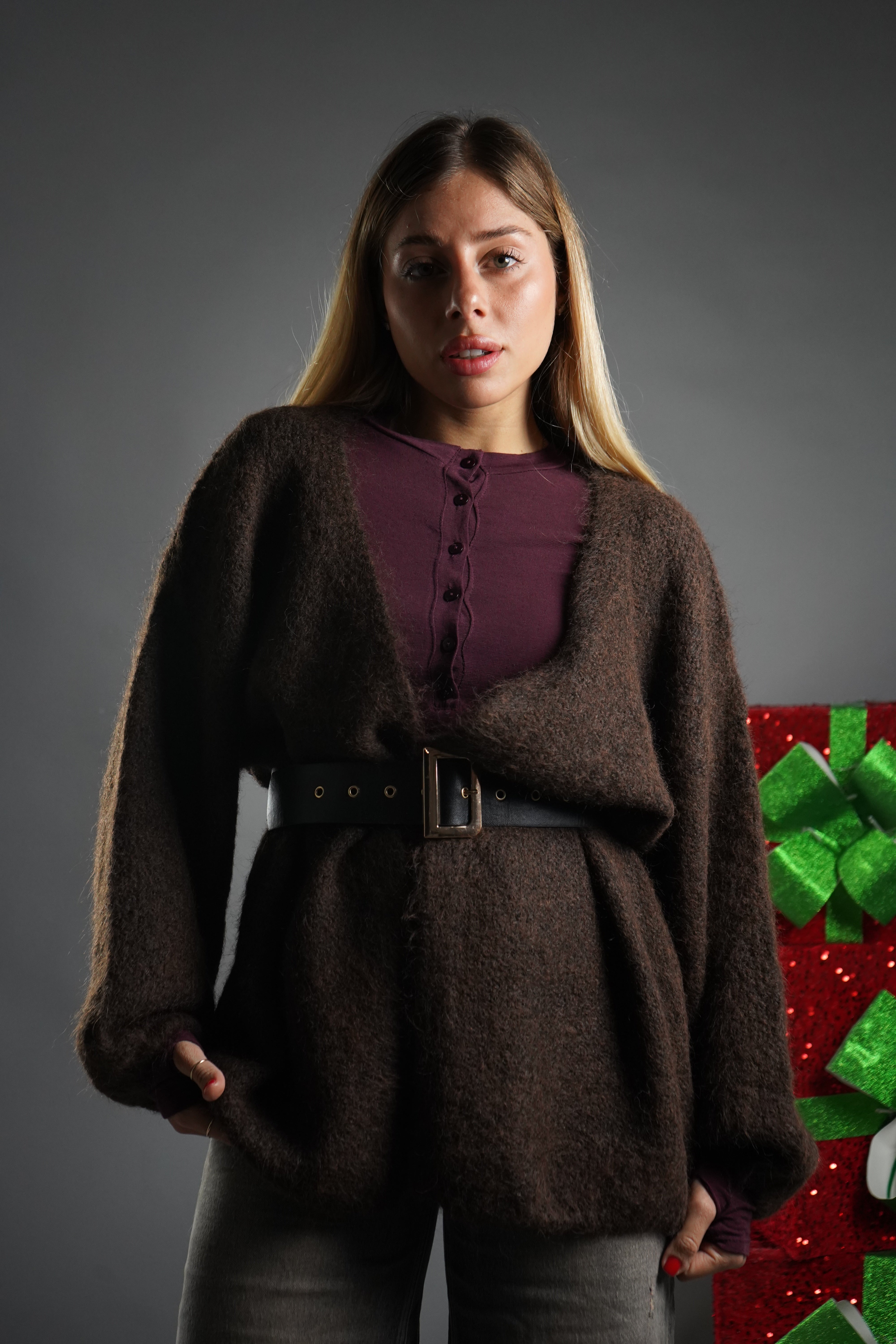 CARDIGAN MANICA A SBUFFO MARRONE