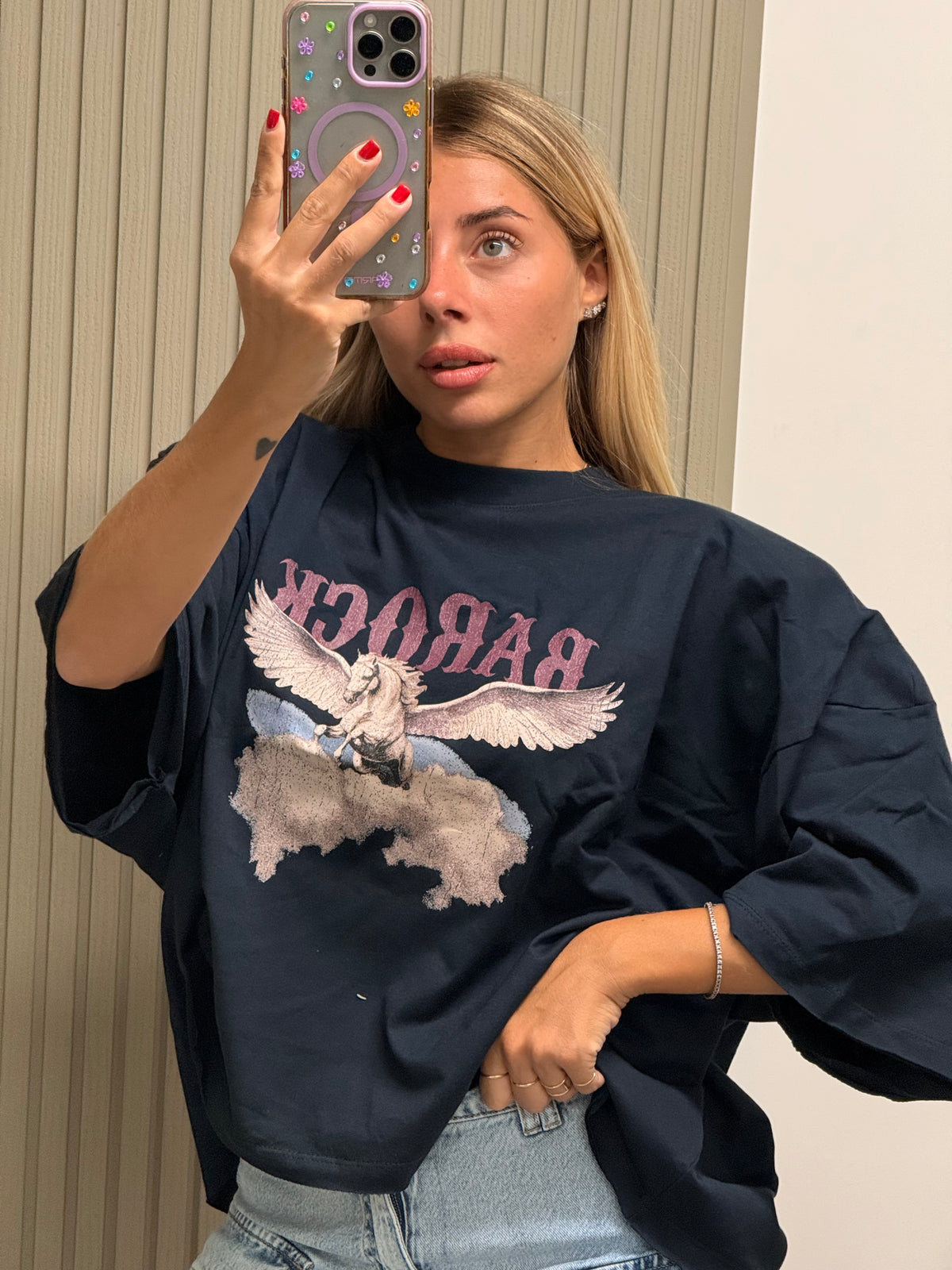 T-SHIRT BOXY UNICORNO BLU
