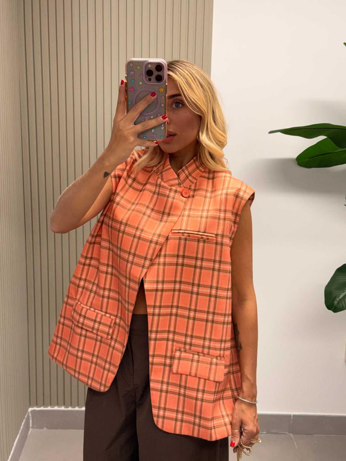 GILET QUADRI SALMONE