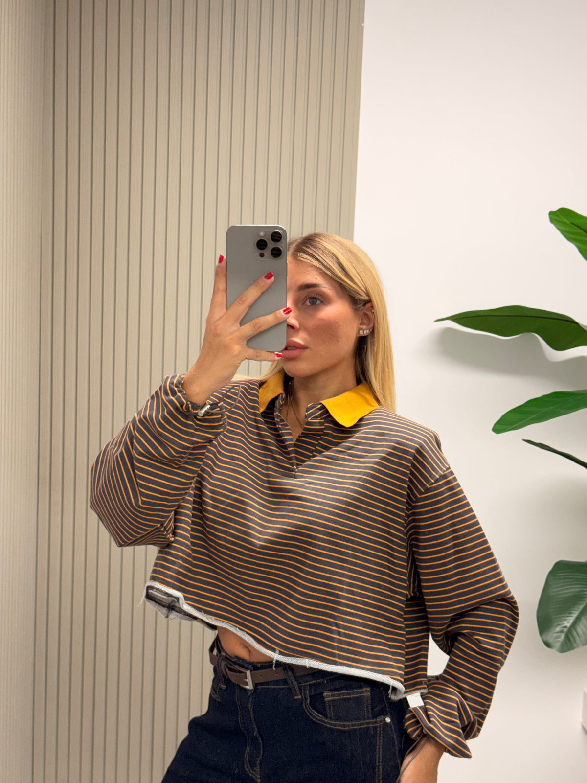 POLO CROP RIGHE GRIGIO/ARANCIO
