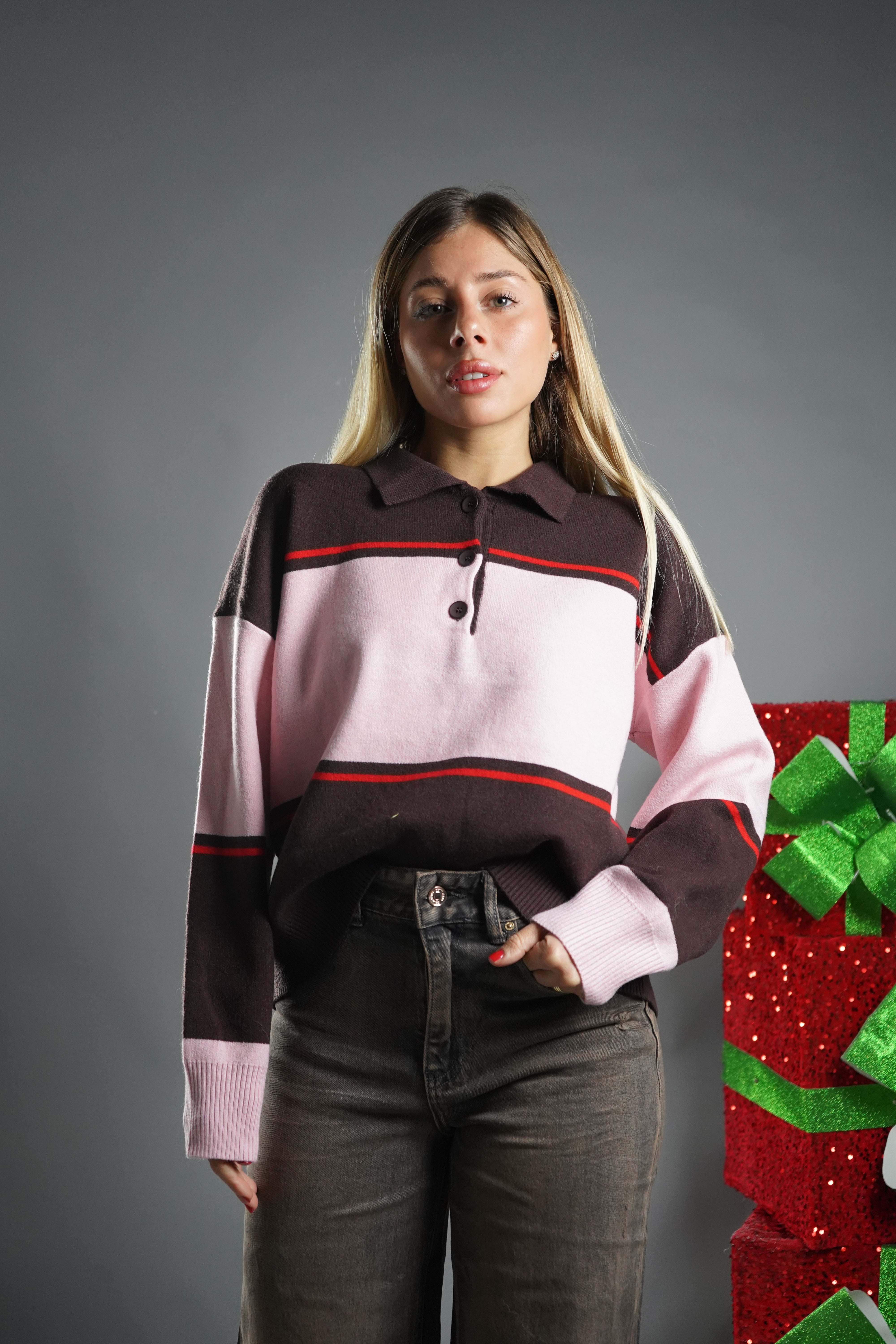 POLO RIGHE MARRONE E ROSA