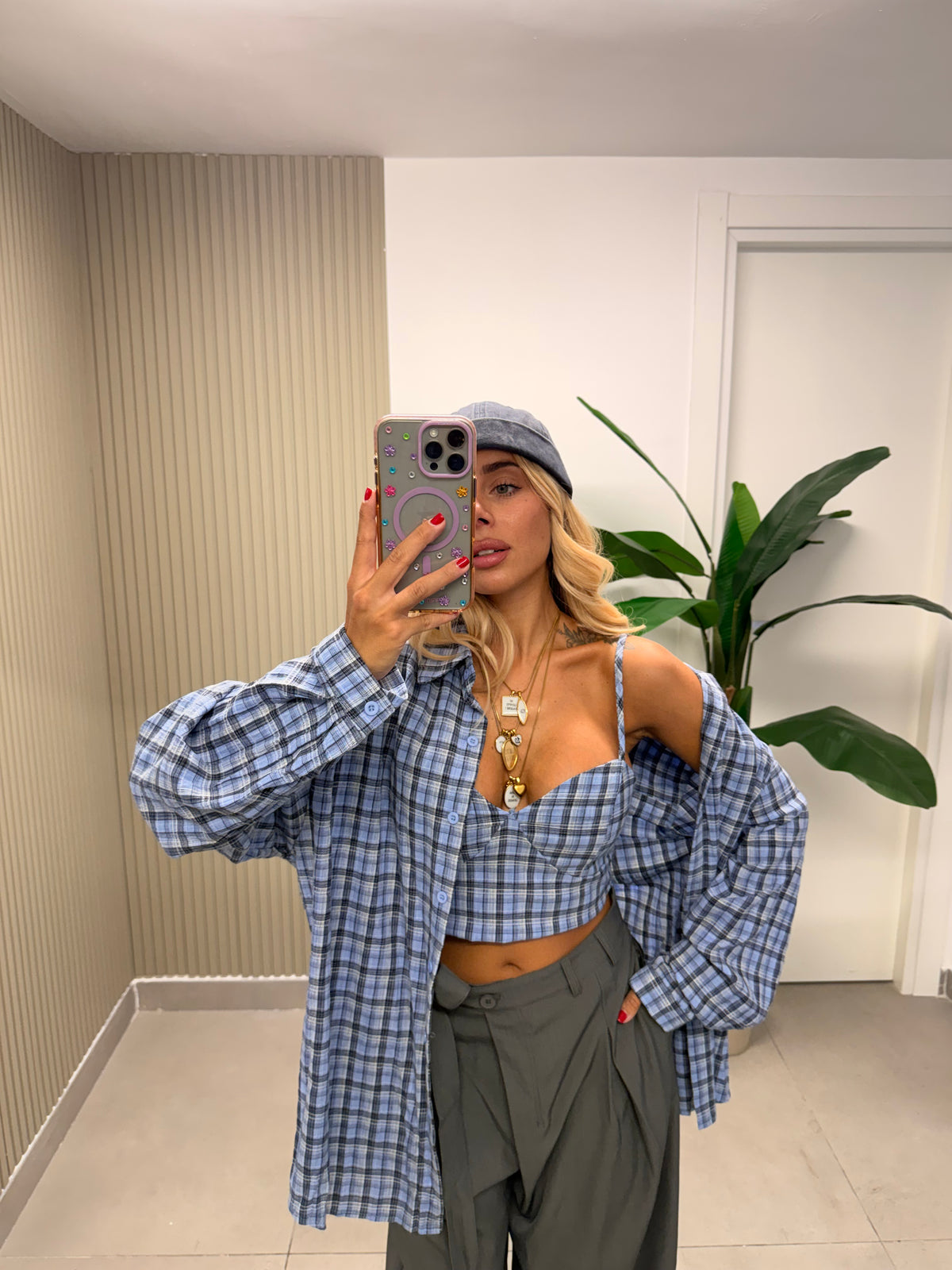 SET CAMICIA E TOP QUADRI AZZURRO