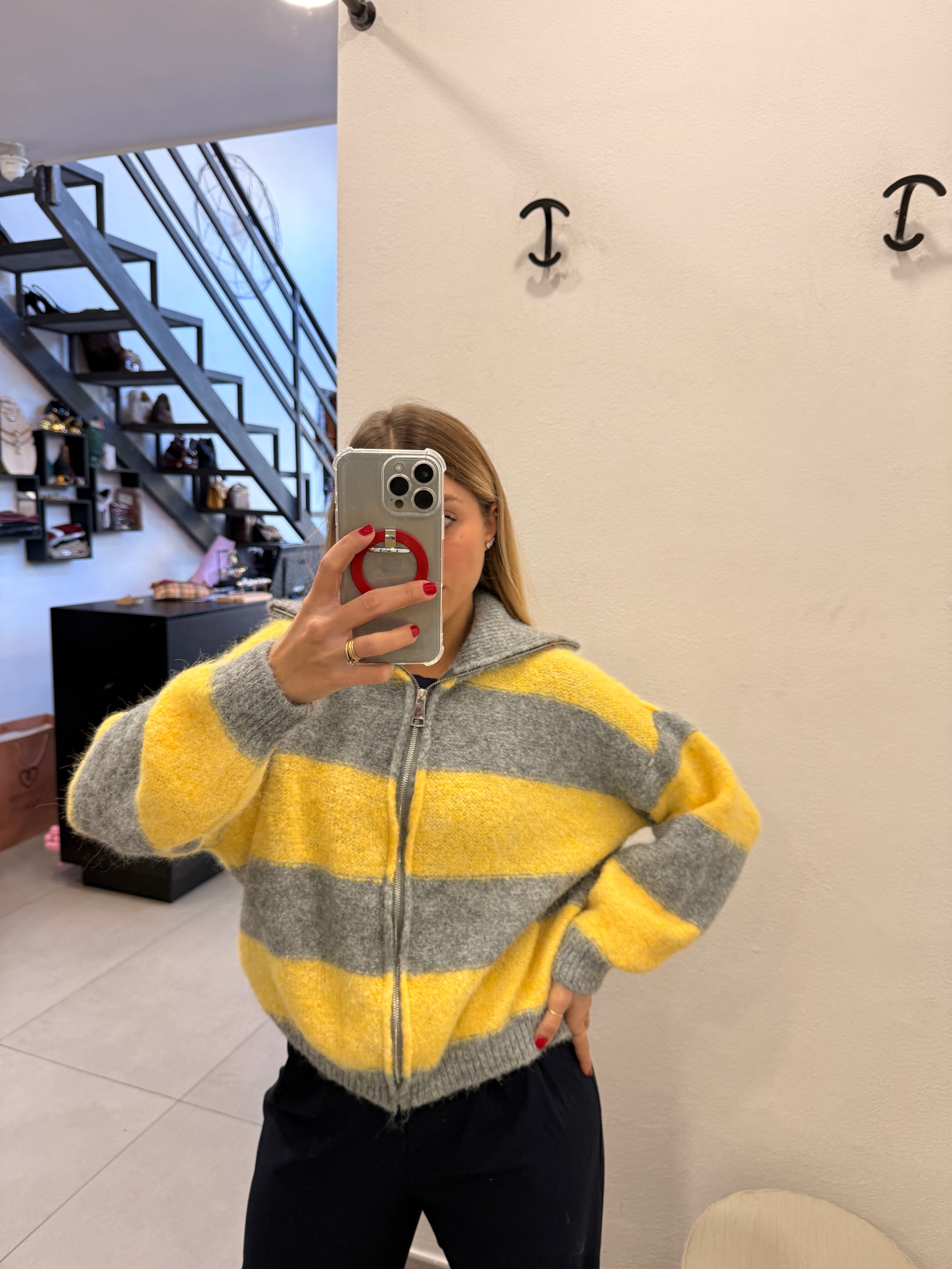 CARDIGAN RIGHE GIALLO E GRIGIO