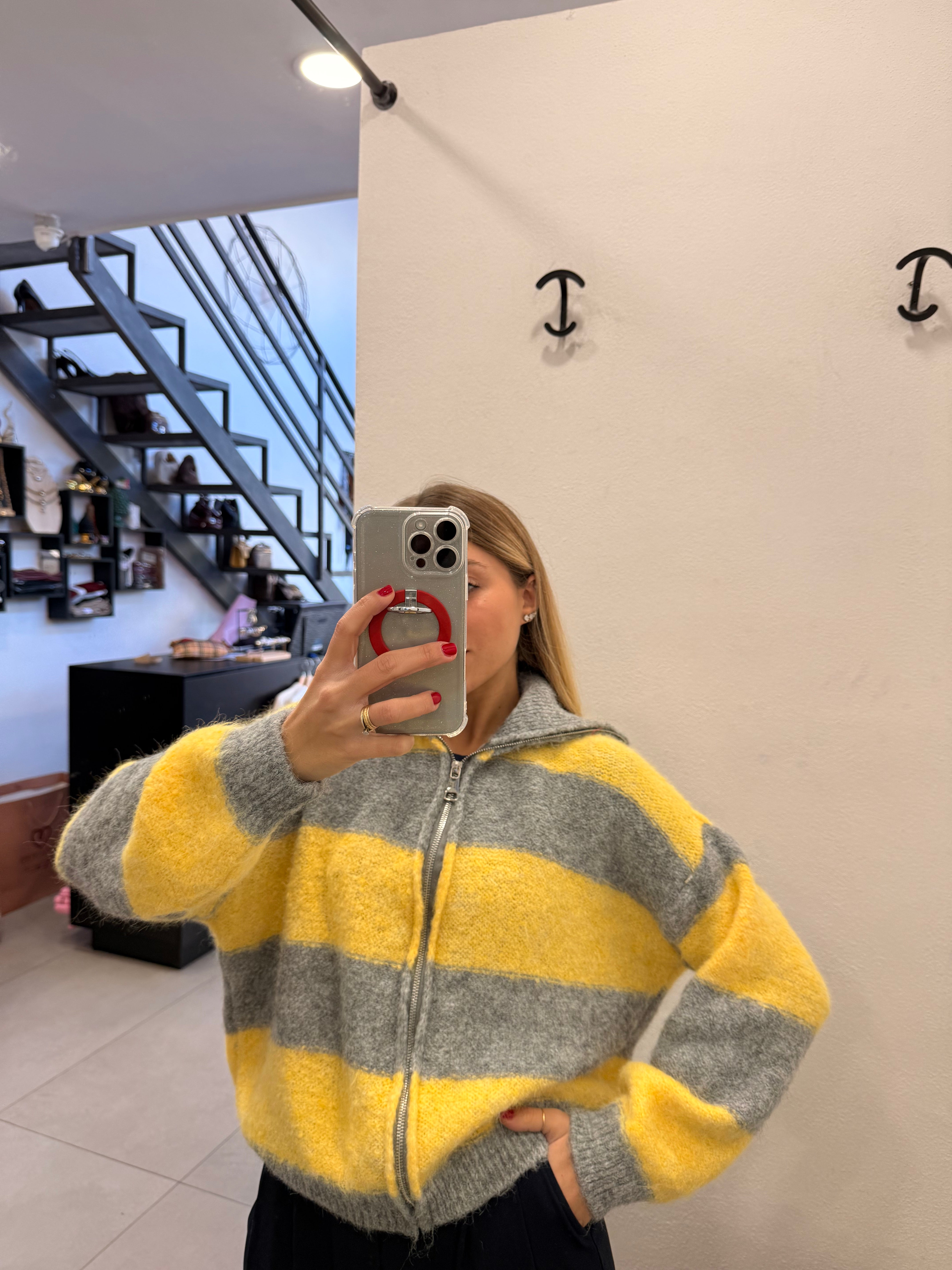 CARDIGAN RIGHE GIALLO E GRIGIO