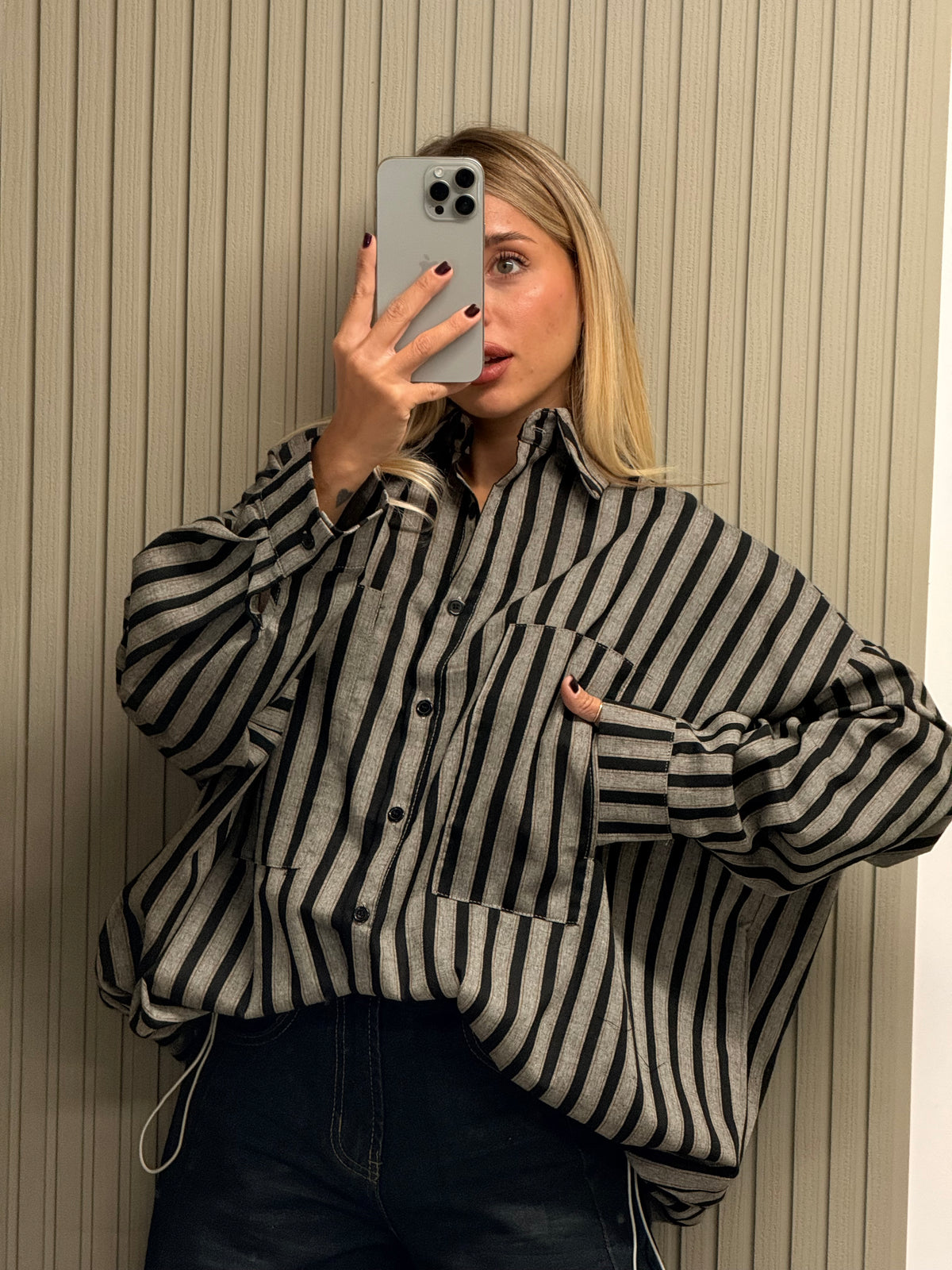CAMICIA RIGHE CON COULISSE ARRICCIATA NERA