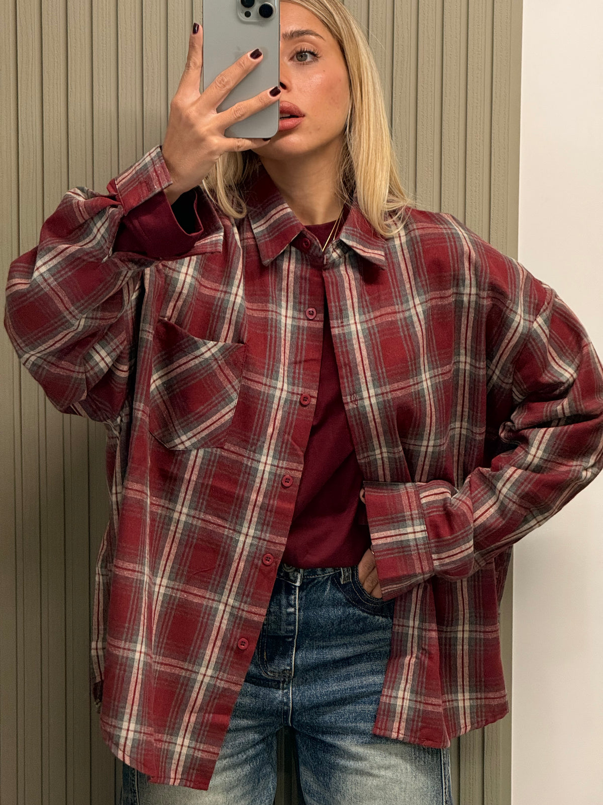 CAMICIA QUADRI OVERSIZE BORDEAUX
